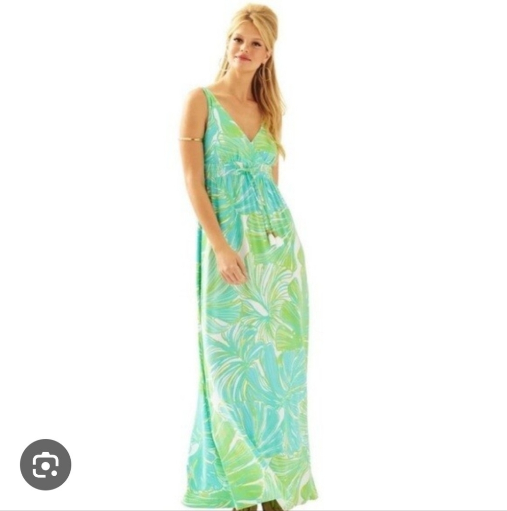 Lilly Pulitzer Size L Tropical Green and Blue Maxi Dress